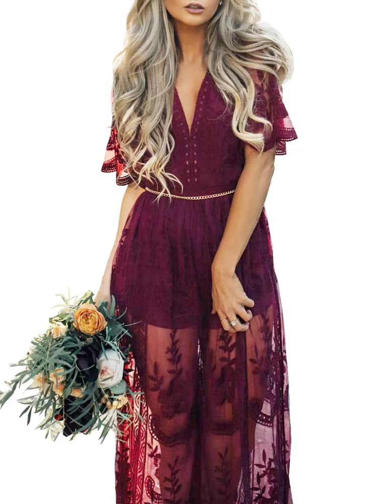 Eleter Women's Deep V-Neck Lace Romper Short Sleeve Long Dress(S,Wine Red) - Image 1